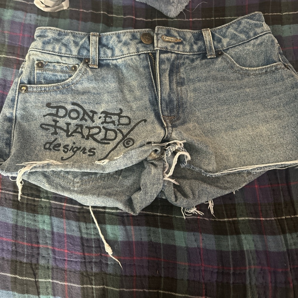 Ed Hardy Distressed Blue Jean Shorts